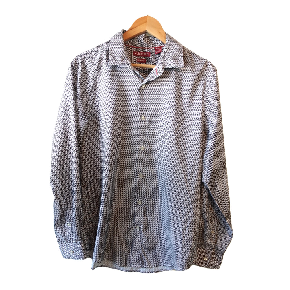 Axist Shirt Mens Medium Black White Geometric Print Button Up Stretch Polyester